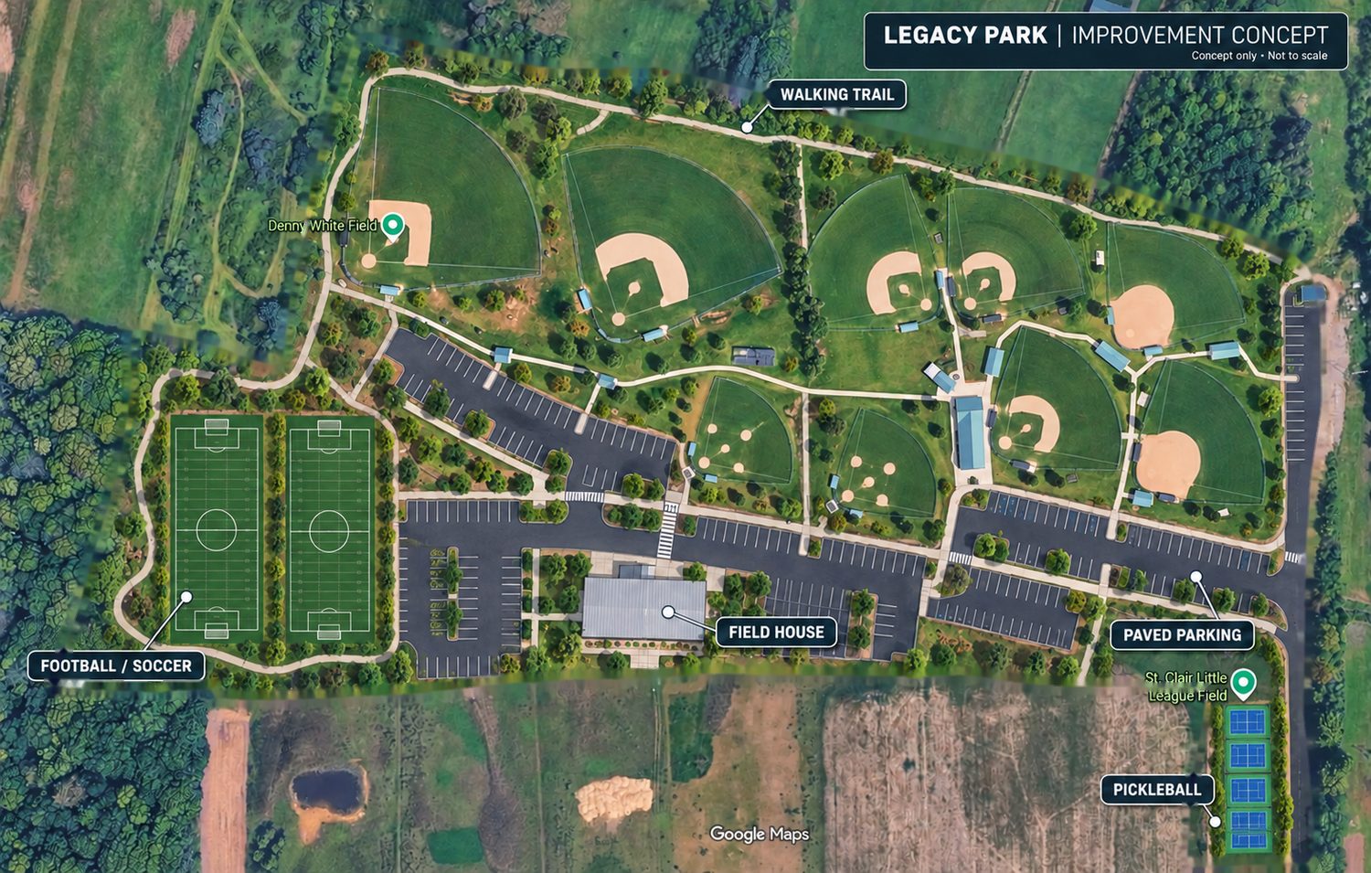 Aerial concept plan of the park with paved parking, the field house, a walking trail, football and soccer fields, and pickleball courts